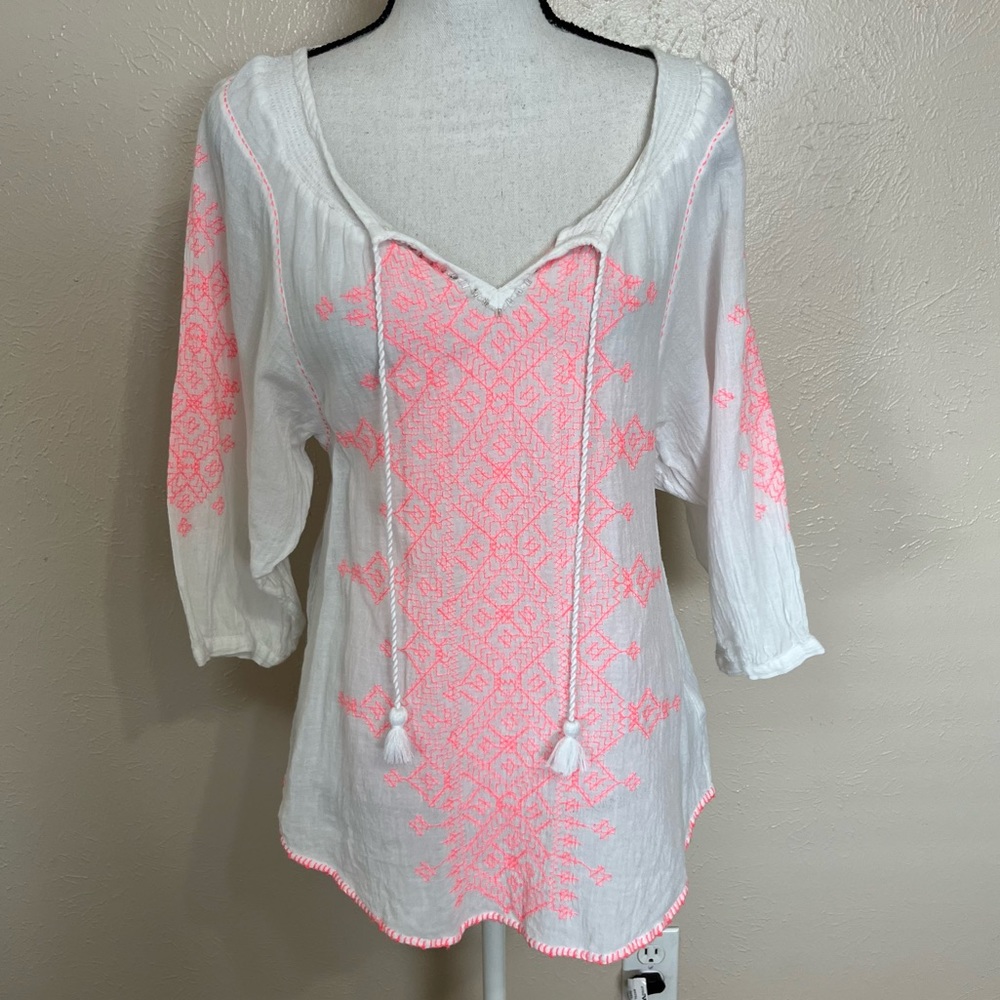 Maeve Anthropologie White Neon Stitched Peasant Tunic Blouse Womens Size 2